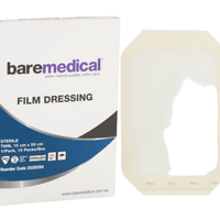 Film dressing packaging with a sample dressing on a white background, branded 'baremedical'.