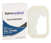 Film dressing packaging with a sample dressing on a white background, branded 'baremedical'.