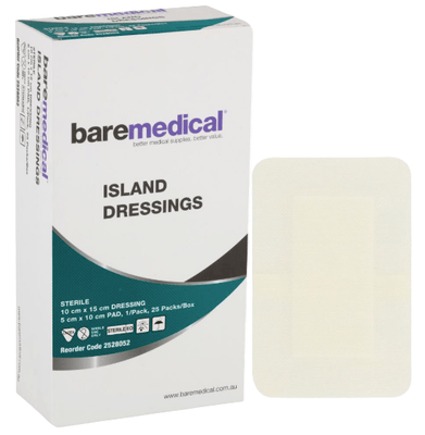 Box of baremedical Island Dressings with a single dressing on a white background