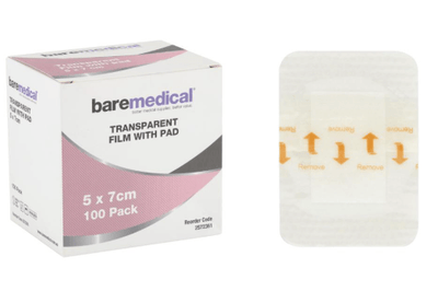 BareMedical Transparent Film Dressing with Pad 5x7cm Sterile-Box 100
