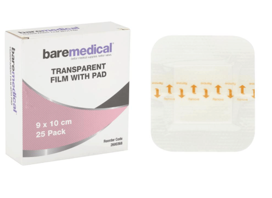 BareMedical Transparent Film Dressing with Pad 9 x 10cm Sterile-Box 25