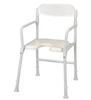 White medical shower chair with armrests and cutout seat for patient safety and mobility support