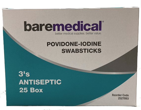 Bare medical Povidone Iodine Swab Sticks 25 packets of 3 swab per box
