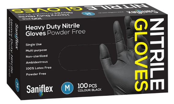 Saniflex Heavy Duty Black Nitrile Gloves-Medium
