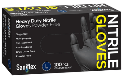 Saniflex Heavy Duty Nitrile Black Gloves - Powder Free -Box 100 Gloves - InterAktiv Health