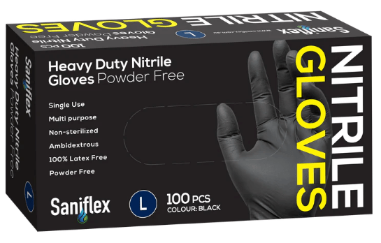 Saniflex Heavy Duty Nitrile Black Gloves - Powder Free -Carton 1000 Gloves - InterAktiv Health