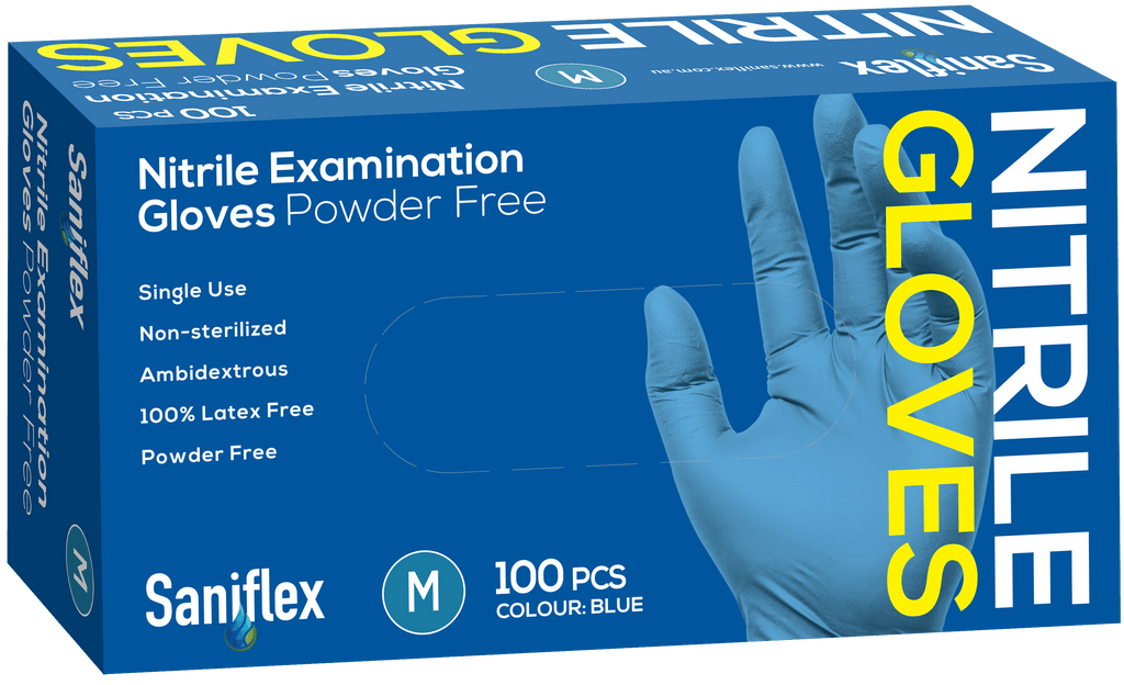 Saniflex Nitrile Gloves - Powder Free - Blue, Box 100 Gloves - InterAktiv Health