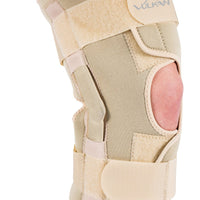 Vulkan front opening hinged knee wrap is easy to apply post surgery to provide knew stability during recovery