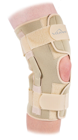 Vulkan front opening hinged knee wrap is easy to apply post surgery to provide knew stability during recovery