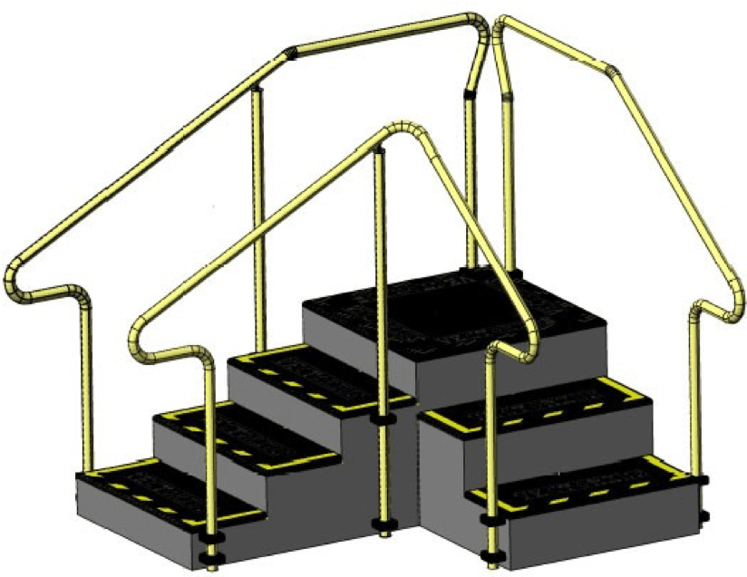 Corner exercise stairs with 4 steps up and 3 steps down and stainless steel hand rails